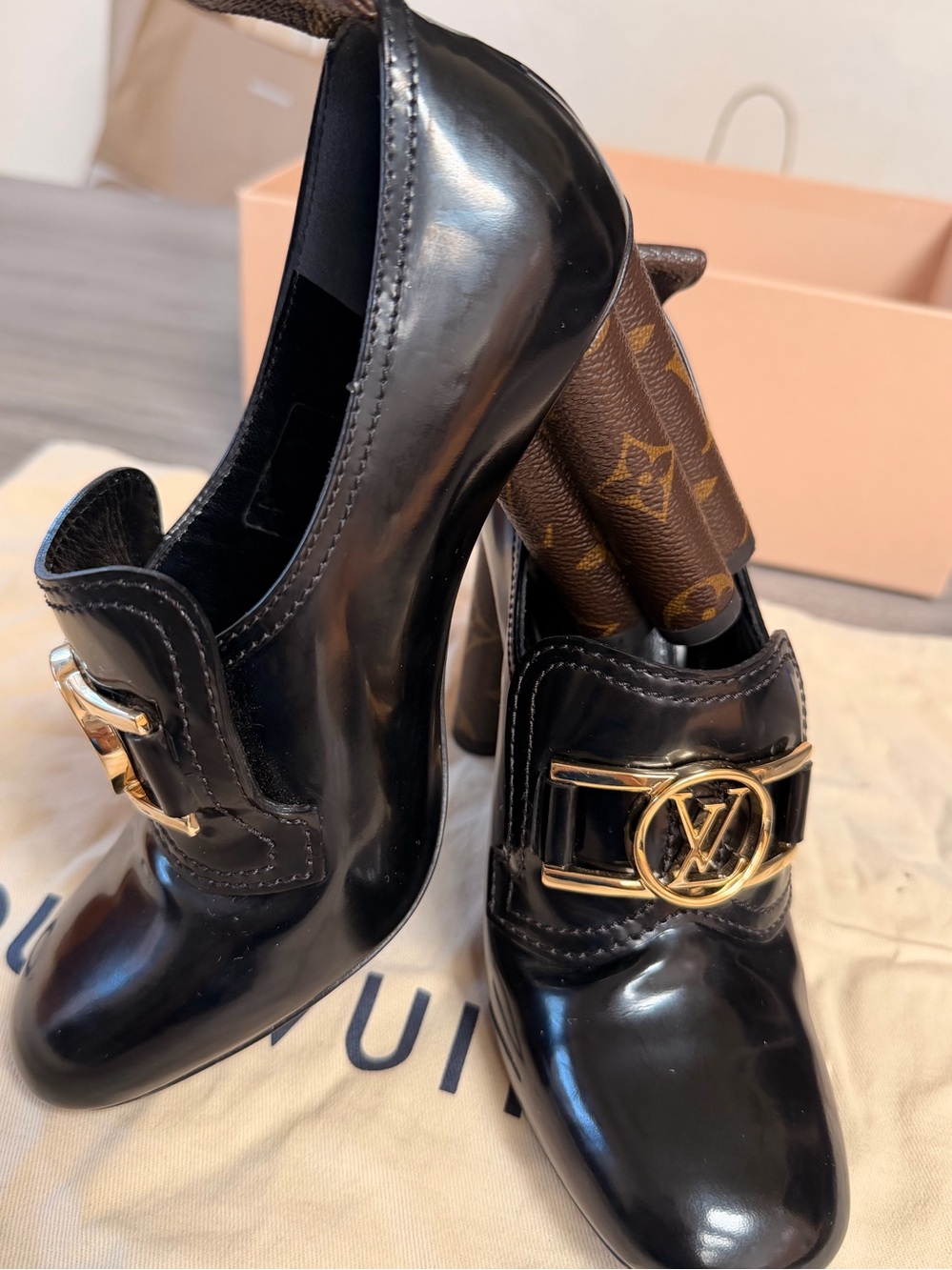 Louis Vuitton Black Patent Leather Heeled Loafers with Gold LV Hardware